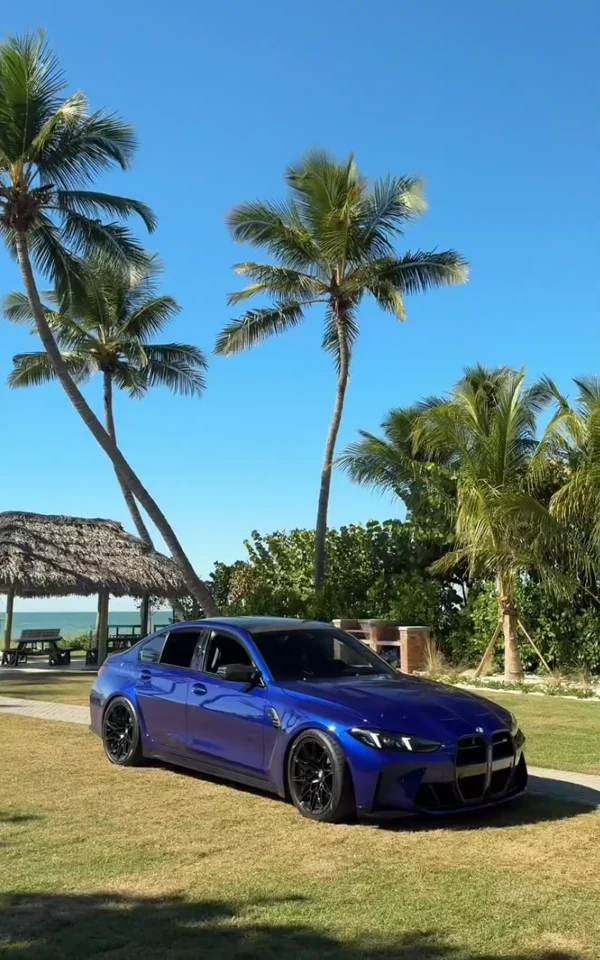 A blue sports sedan beside palm trees, from the first supplied lifestyle video.